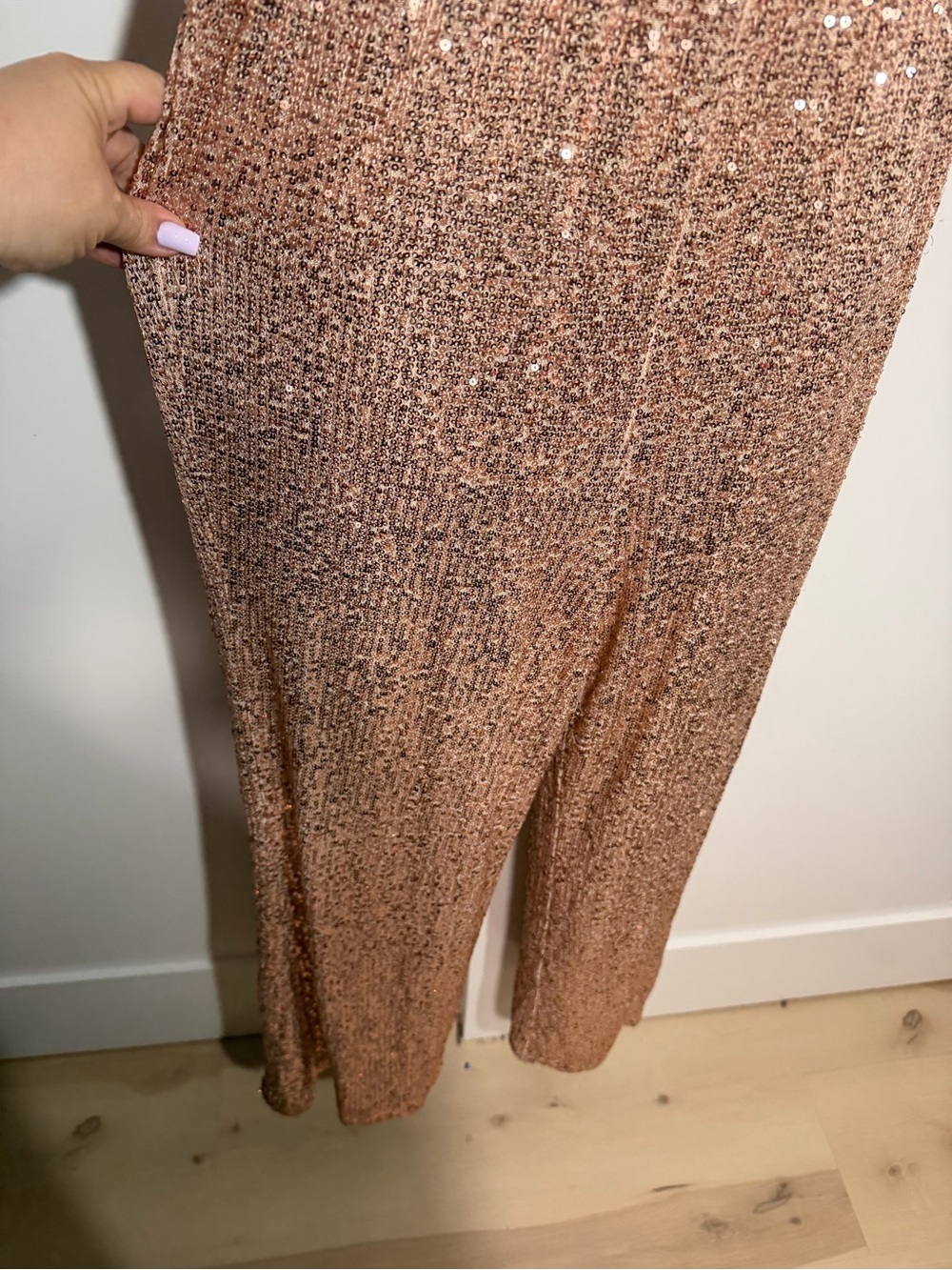 Rose Gold Fully Sequin Off-Shoulder Jumpsuit Blush Pink Size Medium Elastic Boho - Picture 5 of 9